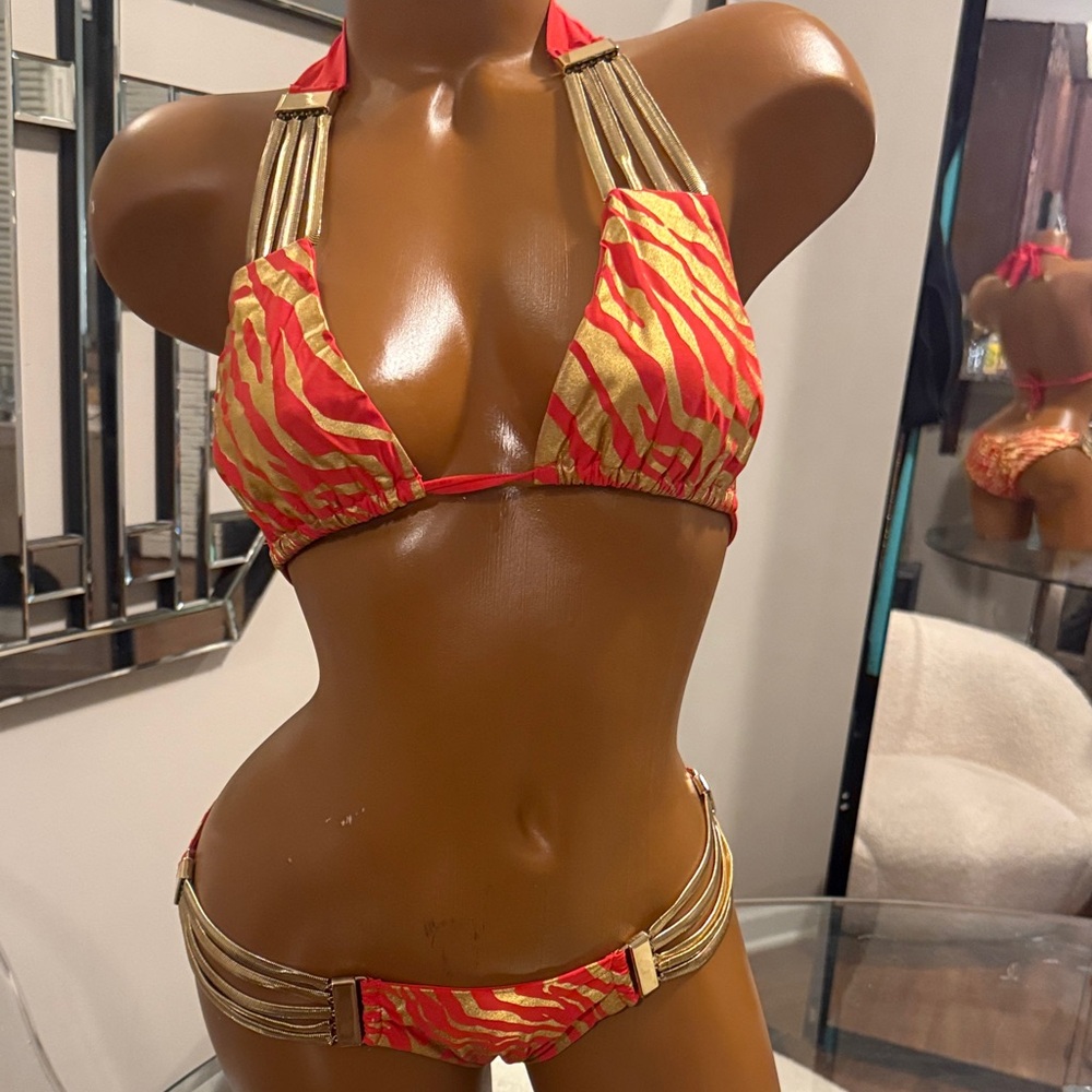 Beach Bunny Red and Gold Zebra-Print Bikini Set